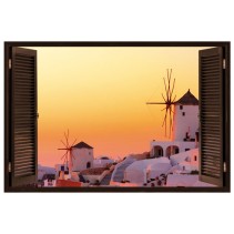 Vinilos ventanas 3d atardecer en isla santorini grecia